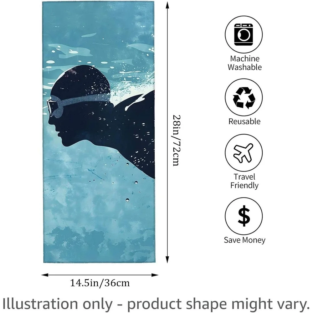 2Pc Blue‎ Swimmer Microfiber Hand Towel Set Graphic Print 28x14.5 Quick Dry